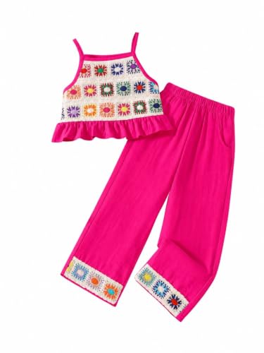 Image of WDIRARA Girl's 2 Piece Outfits Floral Crochet Cami Top and Wide Leg Pants