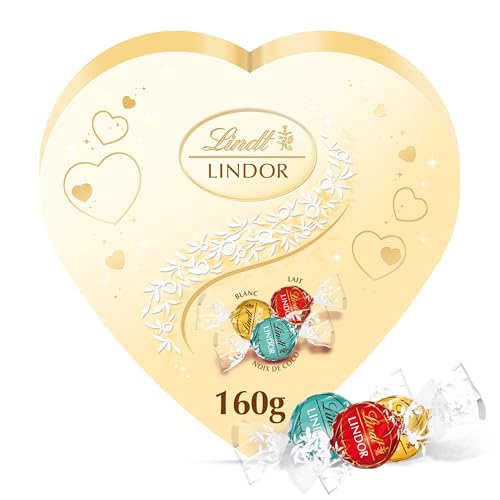 Lindt - Boîte Coeur LINDOR - Chocolat au Lait, Blanc et Coco - Coeur fondant, 160g