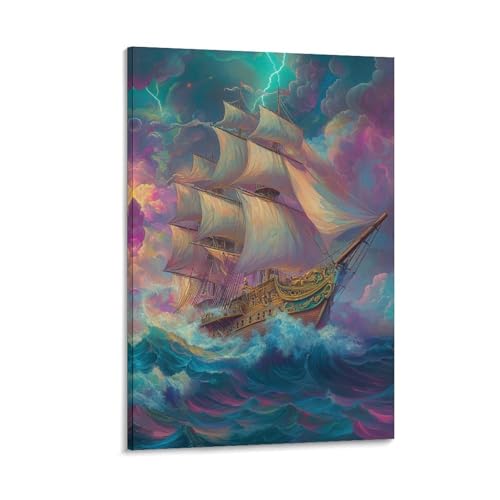 Bateau à voile peinture sur toile décoration murale maison 30x45cm