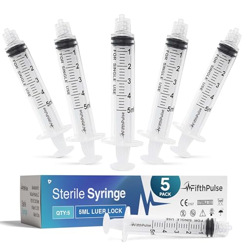 Jeringa de 5 ml sin aguja, paquete de 5 jeringas desechables envueltas individualmente, buenas para uso médico, científico, uso doméstico y más, jeringas estériles Luer Lock