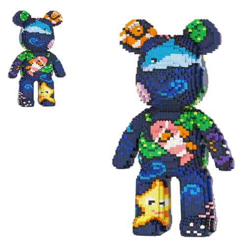 VIIOVOIIV Teddy Blocks Bear Micro Building Blocks Set with Hidden Storage Drawer(16.9inches) Blue Ocean Graffiti Bear Building Blocks Creative Gift Home Office Decor for Kids Adults 8+
