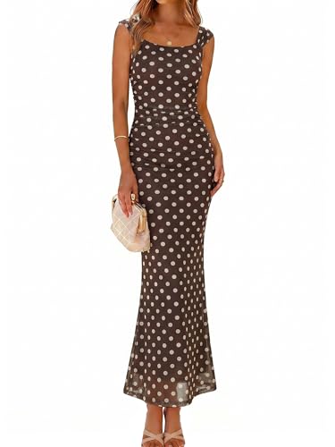 Simplee Womens Summer Wedding Guest Dress Floral Bodycon Casual Beach Vacation Prom Cocktail Formal Maxi Long Dresses(Coffe Brown Polka dots,Small)