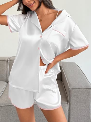 Image of Ekouaer Womens Satin Pajamas Set 2 piece Silky Buttton Down Short Pjs | Silk Notch Collar Top and Soft Shorts Lounge Set for Sleep, Daily Wear, Home, Wedding, Party