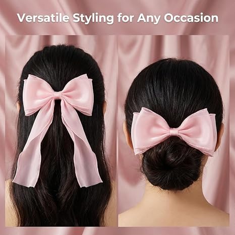 Large Hair Bow Clips Light Pink Barrettes with Long Tail French Ribbon Barrette Satin Fabric Headwear for Women Styling Accessories Wedding Party Daily Outfits Gifts thumbnail
