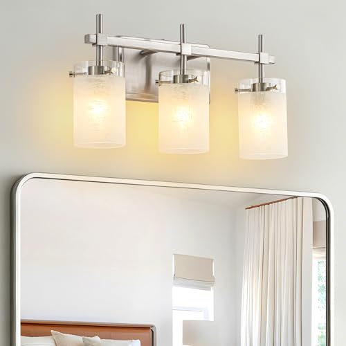 Image of 3-Light Brushed Nickel Vanity Light with White Linen Frosted Glass E26 Socket,Bathroom Light Fixture,Modern Wall Light Over Mirror(Bulbs Not Included)