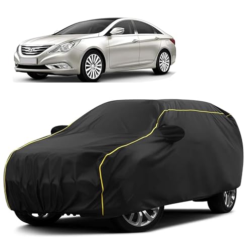 Image of Sulfar 100% Water Resistant Car Body Cover Compatible with Mirror for Hyundai Sonata (Triple Stitched, Full Bottom Elastic, Black Taffeta with Yellow Piping)