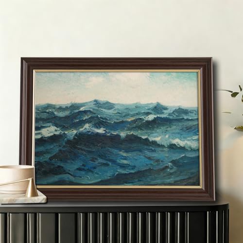 Image of Framed Vintage Ocean Wave Canvas Wall Art, Antique Impressionist Seascape Oil Painting Prints, Teal Blue Coastal Wall Decor for Living Room Bedroom Bathroom Office