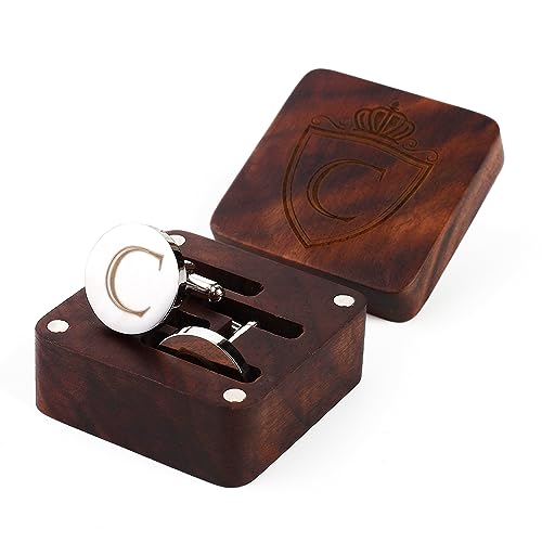Mens Initial Silver Cufflinks with Walnut Wood Box