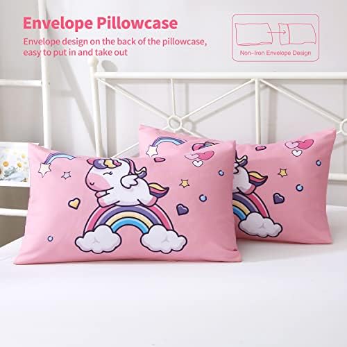 HLWDXno1 Rainbow Unicorn Duvet Cover Sets Girls Bedding Single Bad Set with 2 Pillow Case Stars Stripe Kid Bedding Easy Care Brushed Microfiber Quilt Cover Zipper Closure, Pink, 140 * 200cm