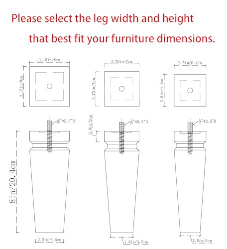 Texphw Set of 4 Premium Square Wood Furniture Legs-Wooden Replacement Feet for Couch, Nightstand Sideboard Bench, Dresser Sofa with Installation Hardware (Brown 8" H*2.5" W) by Texphw - Used condition - Image 5