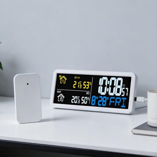 Termómetro digital higrómetro interior exterior con sensor inalámbrico y reloj blanco 4