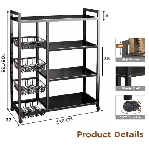 Image of Hukimoyo 4-Tier Metal Kitchen Storage Rack with Lockable Wheels Trolley Storage Cart for Kitchen Organizer with Removable 4 Mesh Basket Floor(120 Cm)