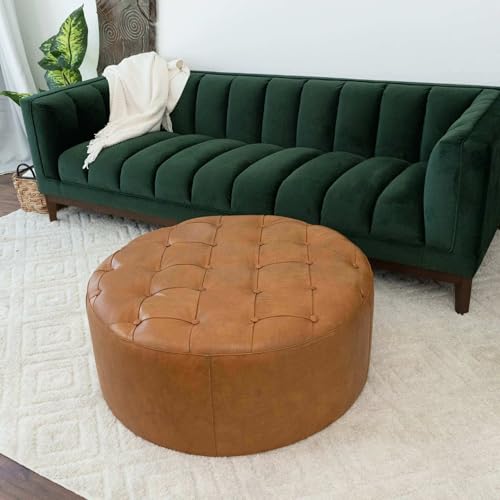GDFStudio 37.4 Round Leather Ottoman, Mid-Century Modern Tufted Pouf Ottoman Foot Rest, Oversized Coffee Table Ottomans Footstool, Upholstered Vintage Furniture for Living Room Bedroom, Light Tan