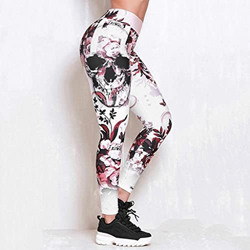 Women's Sugar Skull Leggings Soft Skull&Flower Printed Halloween High Waist Butt Lift Yoga Pants Ankle Length Gym Trousers #TOP1