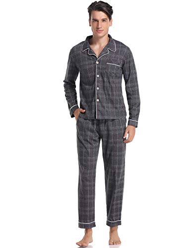 Preisvergleich Produktbild ARBLOVE Klassisch Schlafanzug Herren Pyjama Lang Baumwolle Winter Streifen Zweiteilige Nachtwäsche Langarm Shirt und Pyjamahose mit V-Ausschnitt und Knopfleiste-Design