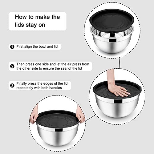 Onader Mixing Bowl, Stainless Steel Salad Nesting Bowl with Airtight Lids, 5-Piece Metal Bowls Ideal for Kitchen Baking Serving Prepping, Dishwasher Safe, Size 0.7/1.2/1.6/2.8/4.6QT (Black) - Image 7