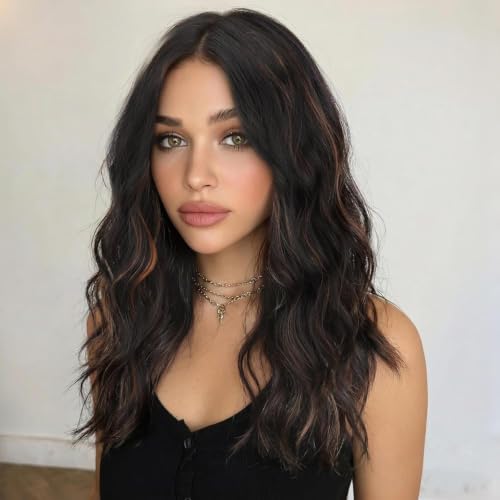 Image of Eawwii Wigs for Women Black Brown Highlights,Short Wavy Synthetic Lace Wig