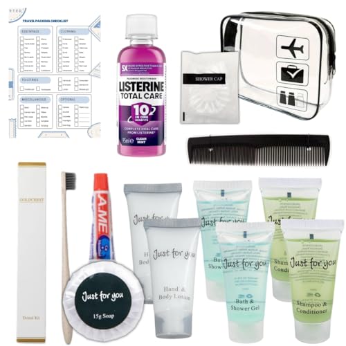 Travel Toiletries Set for Men & Women, Mini Travel Toiletries, Hospital Miniature Toiletries, Holiday Minis Toiletries, Airport Security Liquids Bag, and a ALFLEE Checklist
