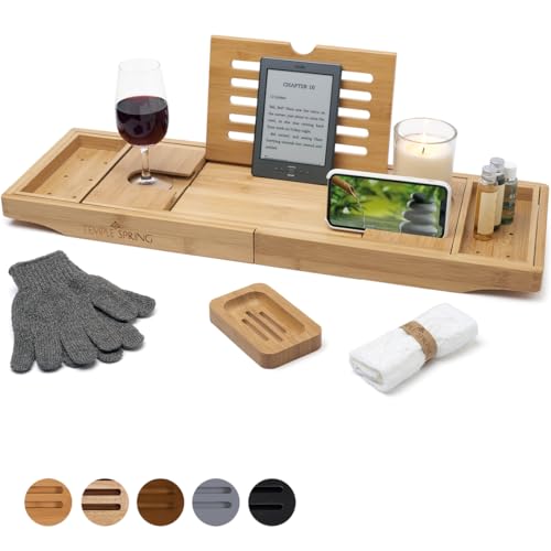 Temple Spring Vassoio da bagno allungabile per vasca da bagno con candele, bicchieri di vino, libri, iPad e supporti per telefono, vassoio regolabile da bagno sopra vasca con accessori da bagno -