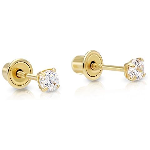 14k Yellow Gold Tiny Cubic Zirconia Small CZ Solitaire Stud Earrings with Screwback (2.5mm) Cover