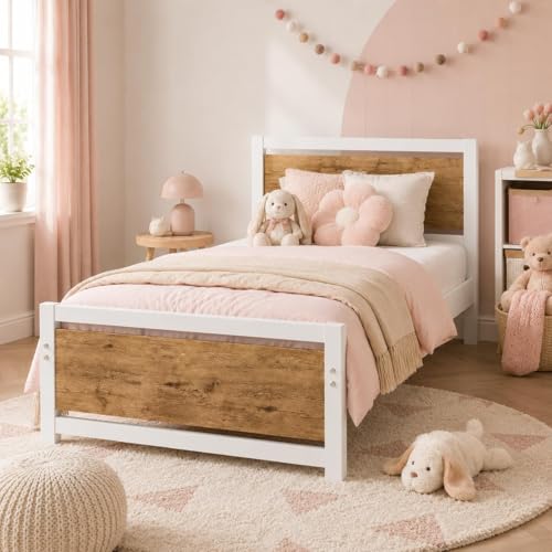 Image of Catrimown Twin Bed Frame with Headboard, Twin Metal Platform Bed Frame with Steel Slat Support, 10.5 in Under Bed Storage, No Box Spring Needed, Easy Assembly, White Brown