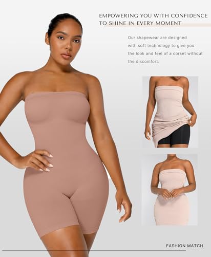 Image of SHAPELLX Women's Shapewear Bodysuits Tummy Control Butt Lifter Body Shaper Strapless Seamless Mid Thigh Jumpsuit Tops