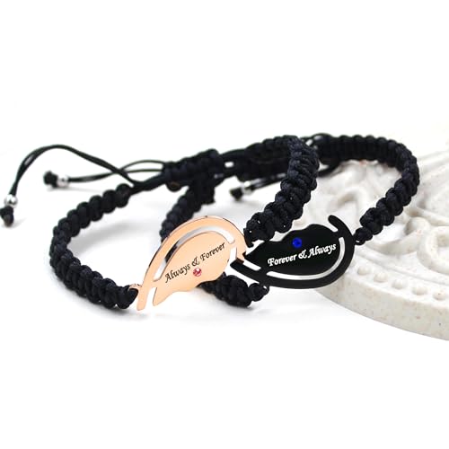 Image of 2pcs Black /Rose Gold Custom Carved Heart-shaped Puzzle Bracelets, Hand Woven Stainless Steel with Zirconia Jewelry for Men and Women, Fashion Couples Promise Bracelets