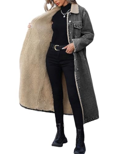seiveini Jeansjacke Damen Winter Langer Plüsch Gefüttert Denim Fleecejacke Warmer Jacke Mantel Jeans Winterjacke Jeansmantel A Dunkelgrau L