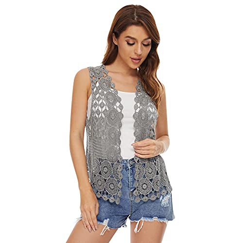 Image of Womens Floral Crochet Lace Boho Trim Sleeveless Open Front Vest Cardigan