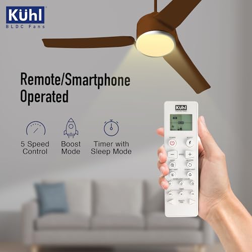 Image of KUHL Ritzz R3 1320 mm 65% Power Saving BLDC Ceiling Fan | BEE 5 Star Rated & ISI Marked | High Air Flow| 5Year Warranty on Motor By Brand | Free Installation | IoT - Operate via Mobile & Alexa | Brown