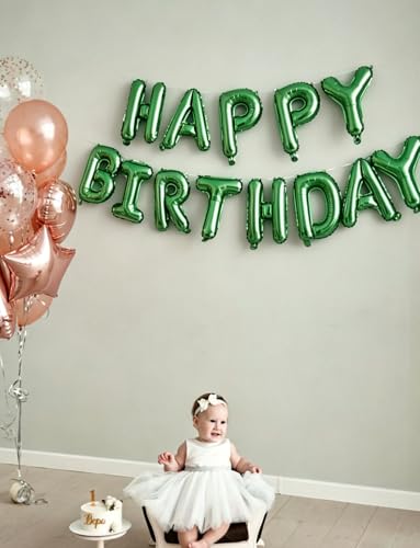 Image of Green Happy Birthday Balloon Banner, 16 Inch Foil Letter Balloons, Green Birthday Decorations for Men Boys Girls, Jungle Dinosaur Gaming Soccer Indoor Outdoor Party Supplies
