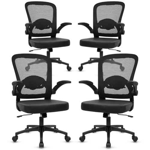 Image of KLASIKA Desk Chairs with Wheels, Ergonomic Mesh Back PU Leather Seat Home Office Adjustable Lumbar Support and Height Swivel Rolling Computer Task Chair with Flip Up Arms for Conference, Black, 4PK