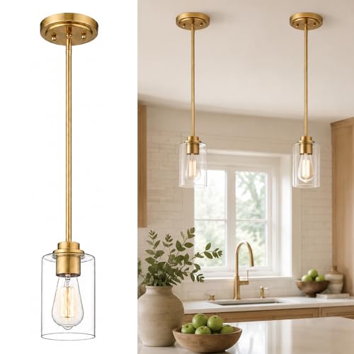 Image of Pendant Lights Kitchen Island, Farmhouse Gold Pendant Lighting with Clear Glass Shade, Kitchen Pendant Lighting Over Island for Dining Room Entryway, AD-22281-1P-GD-C