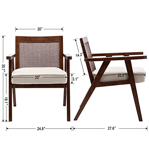 Hny Mid Century Modern Accent Chairs Set Of 2, Retro Farmhouse Rattan Back Upholstered Armchairs, Espresso Wood Frames, Large Leisure Slipper Chair For Living Room Bedroom, Beige #TOP4