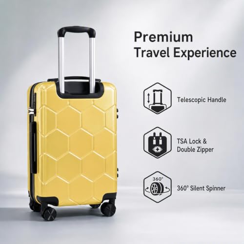 Valise à roulettes de 20 pouces, bagage rigide extensible avec serrure TSA et roues silencieuses amovibles, sac de voyage léger en PC pour les vacances en plein air, jaune vif – Image 4