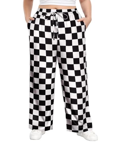 TIYOMI Women's Plus Size Wide Leg Sweatpants 3X Black & White Checkered Drawstring High Waisted Pants Elastic Yoga Lounge Pants Trousers Joggers with Pockets 3XL 22W 24W