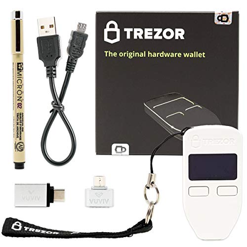 Trezor One - White Bitcoin Hardware Wallet Bundle with Bonus VUVIV Micro-USB Adapter & USB-C Adapter for MacBook & Sakura Pigma Archival Ink Pen for Recovery Seed Sheet
