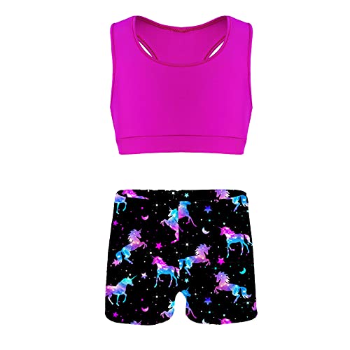 YONGHS Kids Girls Workout Sets Sports Crop Tops and Printed Boyshorts 2-Piece Sportwear for Yoga/Dance/Swim Dark Night Black 3-4 Years