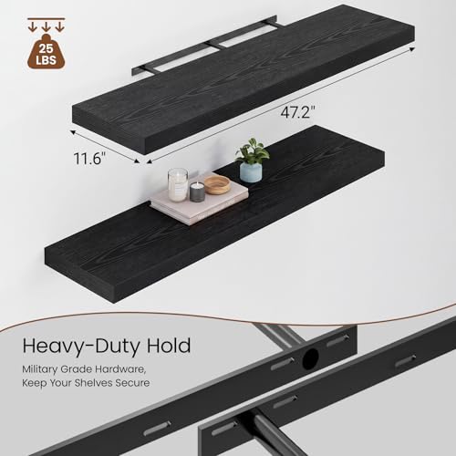 Heimlove 48W x 12D Long Floating Shelf, 12 Inch Deep Black Floating Shelves for Wall Set of 2, Wood Shelves for Bedroom Living Room Bathroom Kitchen Home Office, Wall Shelves with Heavy Duty Bracket by Heimlove - Image 2