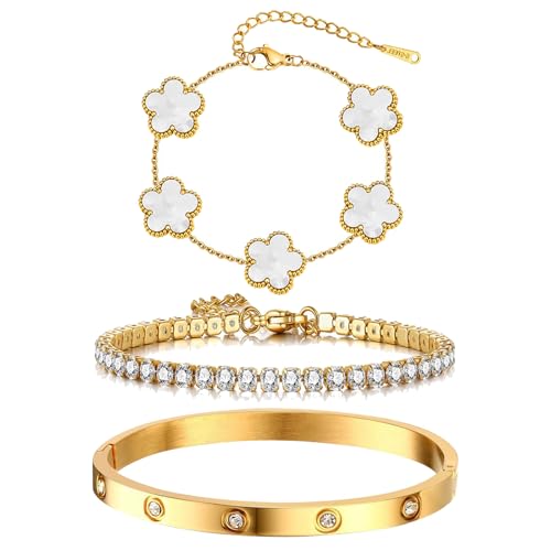 YOUNGGRACE 18K Gold Plated Bracelet Sets for Women - 3PCS Stackable Bracelets Including Bangle, Tennis Chain & Four Leaf Clover Bracelet, Elegant Gold Jewelry Set for Everyday Wear, Gift for Her
