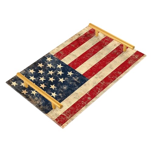 GUIJI Retro Flag Acrylic Tray, Perfume Cosmetic Jewelry Decorative Trays Bathtub Organizer, Living Room Kitchen Serving Tray with Gold Handles