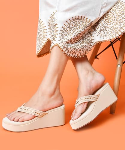 Image of JM LOOKS Elegant Mid-Wedge Sandal for Women Comfortable Slip-On Cross-Strap Design with Decorative Front Detail and Flexible Sole