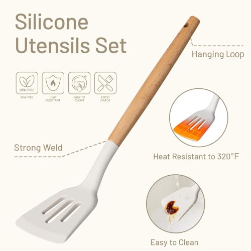 Image of CAROTE 10-Piece Kitchen Utensils Set with Wood Cool-Touch Handles, Cream | Silicone Cooking Utensil, Food Grade, Nonstick Cookware Friendly, BPA-Free, Heat-Resistant, Everyday Home Essentials, Gifts