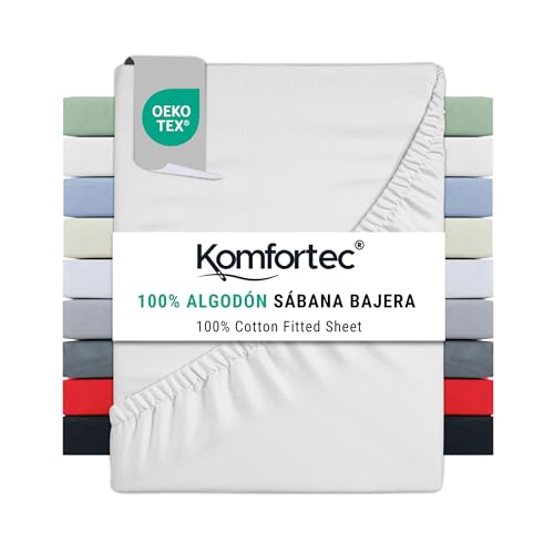 Komfortec Sábana Bajera Ajustable de 90 x 200 cm, 100% algodón, Color Blanco