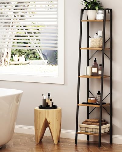 Hzuaneri-Ladder-Shelf-Bookshelf-Freestanding-Corner-Storage-Shelf-Bookcase-with-2-Hooks-for-Office-Living-Room-Kitchen-Bedroom-Industrial-118D-x-134W-x-63H-Rustic-Brown-BC03201B