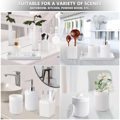 XLHOMO Resin White Bathroom Accessories Set 5 Pcs, Lotion Soap Dispenser, Toothbrush Holder, Bathroom Tumbler, Qtip Holder and Vanity Tray, Bathroom Countertop Organizer Set for Modern Home Apartment