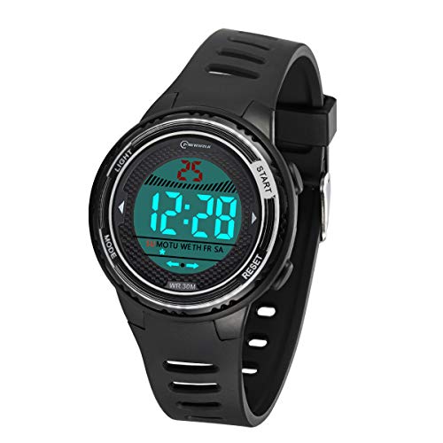DTKID Digitaluhr Kinder, Kinderuhr Junge Mädchen Mit Licht, Datum, Wecker, Armbanduhr Kinder 30M Wasserdicht Sports Outdoor (Schwarz)