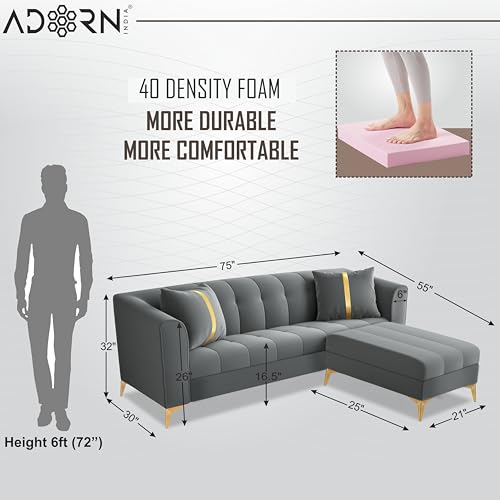 Image of Adorn India Premium Mystic - 3 Years Warranty - L Shape 4 Seater Sofa Set Velvet Suede Fabric - Grey