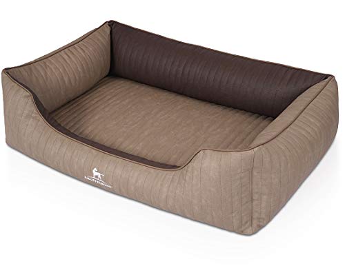 Knuffelwuff Orthopädisches Hundebett Outlander aus Laser-gestepptem Kunstleder XXL 120 x 85cm Natur/Braun - Abnehmbarer Bezug - leicht zu reinigen - für große, mittelgroße und kleine Hunde