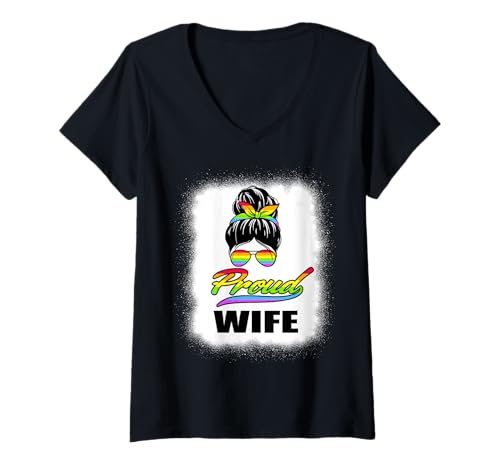 Donna Proud Wife Messy Bun LGBT Rainbow Flag LGBTQ Pride Ally Maglietta con Collo a V